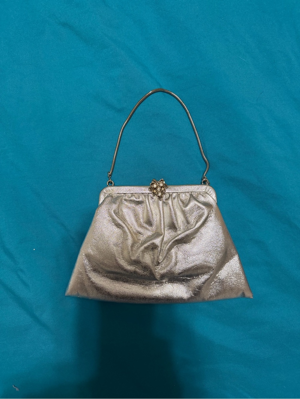 Metallic Silver Evening Wristlet Clutch with Floral Frame